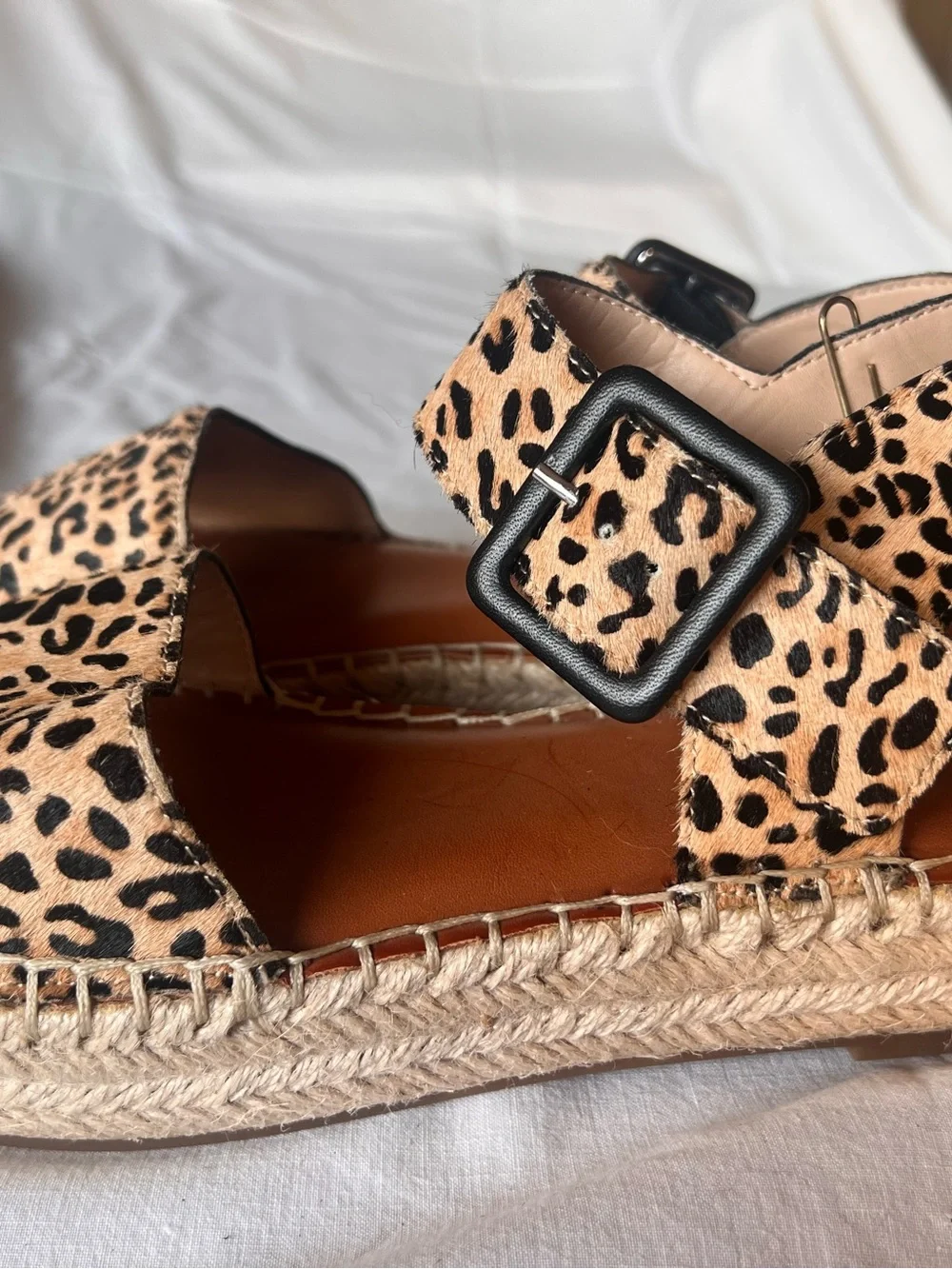 Gianni Bini Leopard Print Espadrille Wedge Sandals with Black Buckle